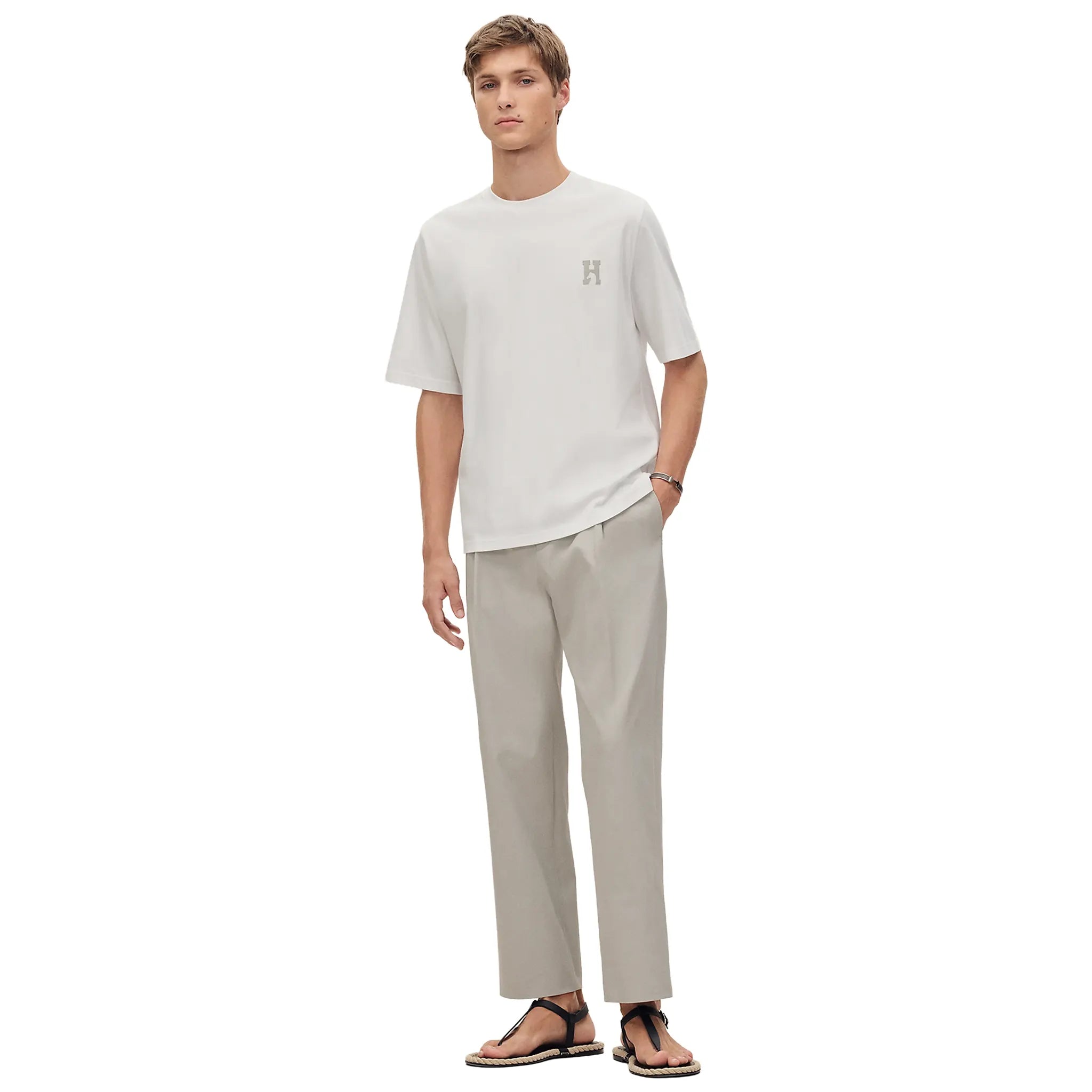 Front View of Hermes Paris H'Cheval With Leather Patch Blanc T-Shirt H657800HA90LA